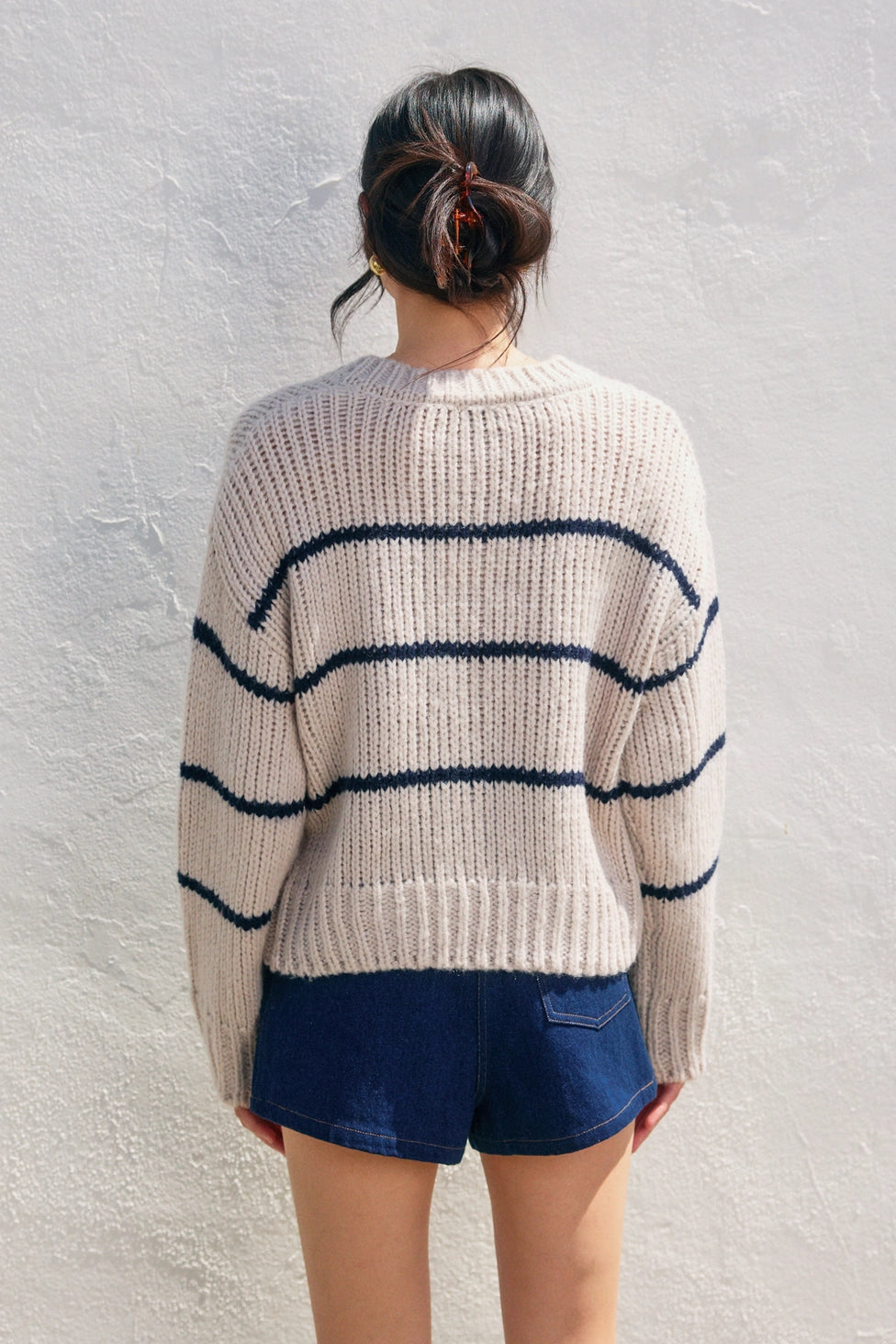 Striped Round Neck Button Knit Cardigan
