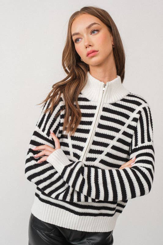 Striped Half-Zip Stripe Sweater black front | MILK MONEY milkmoney.co | cute tops for women. trendy tops for women. cute blouses for women. stylish tops for women. pretty womens tops.
