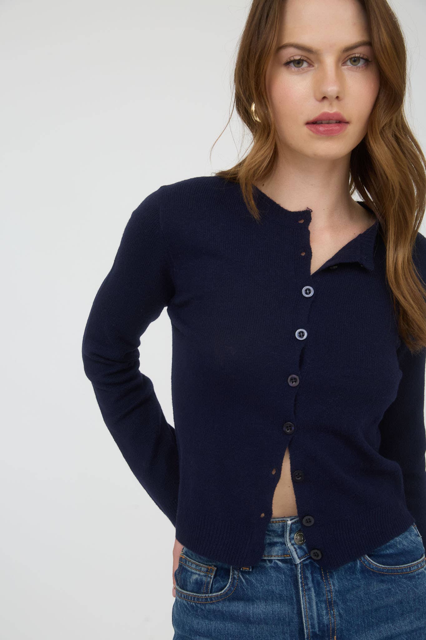 Round Neck Button Down Long Sleeve Cardigan