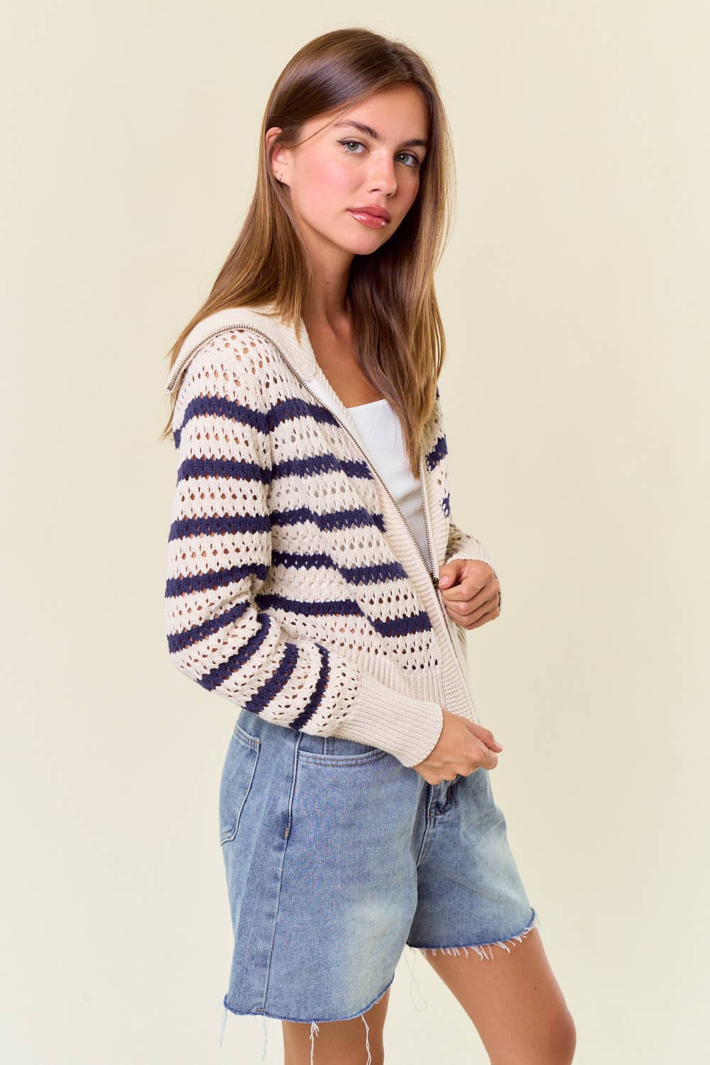 Zip-Up Striped Open Knit Sweater