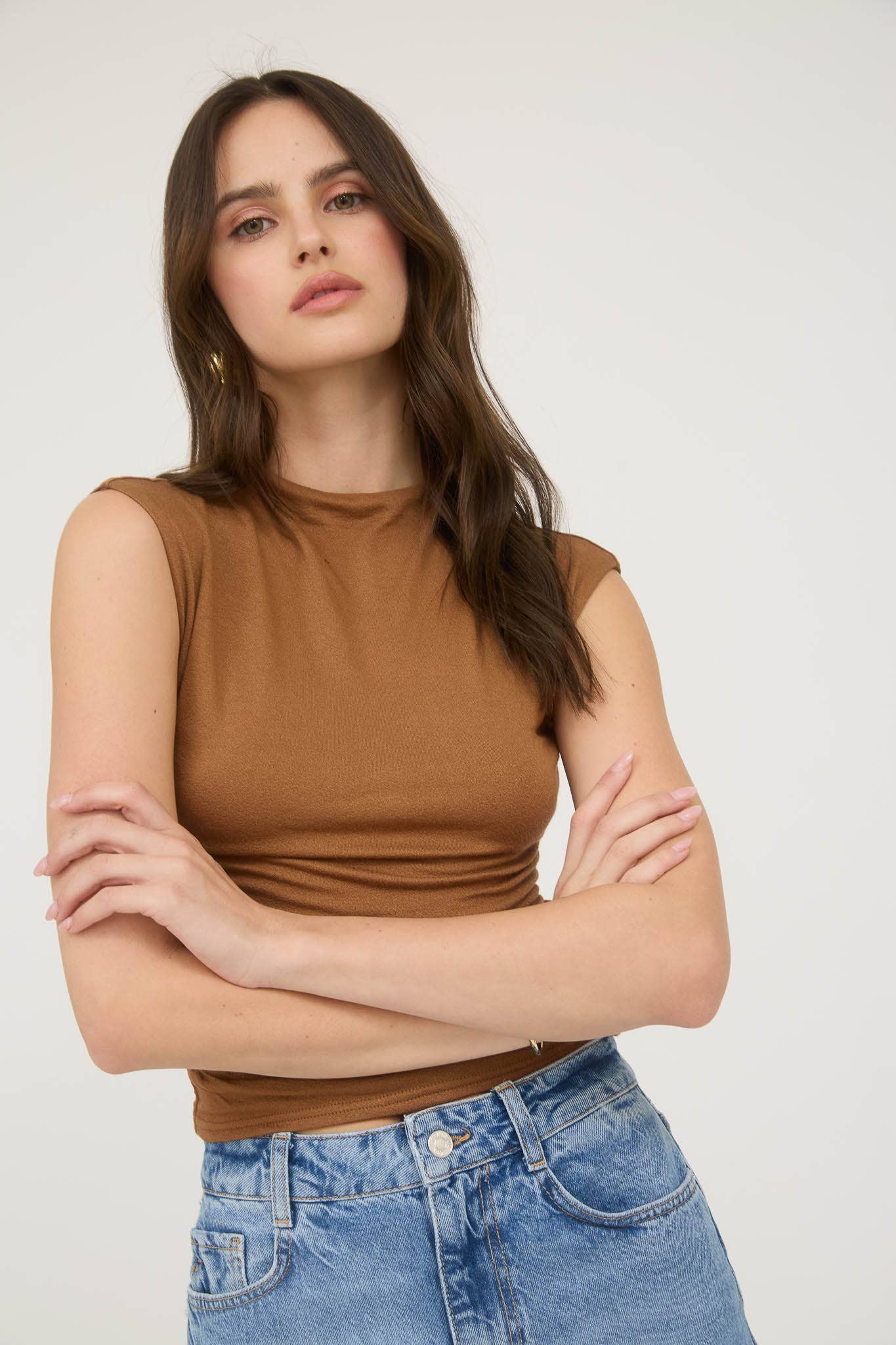 White Reversible Funnel Neck Scrunch Knit Top