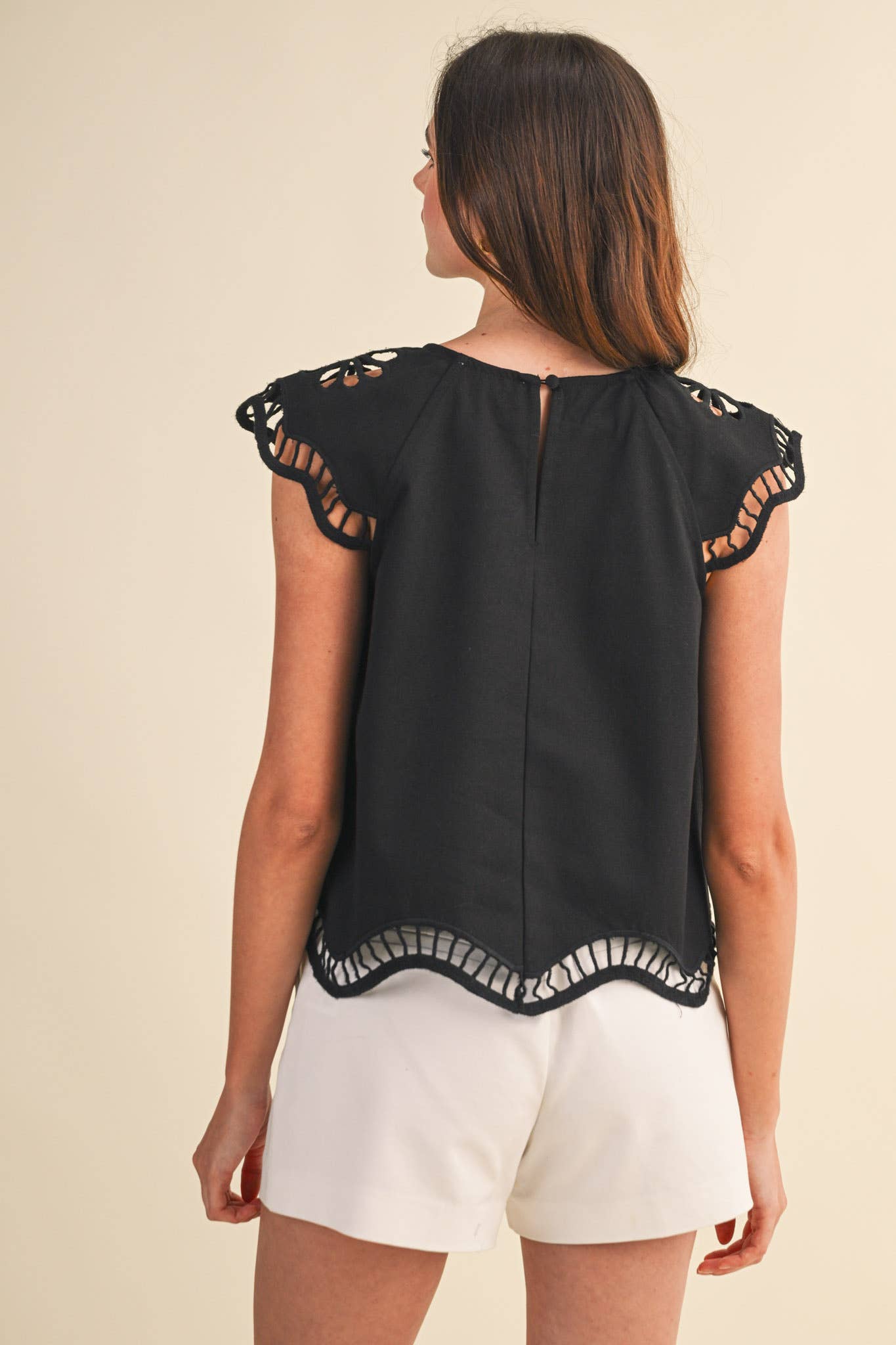 Embroidered Cut-Out Cap Sleeve Top