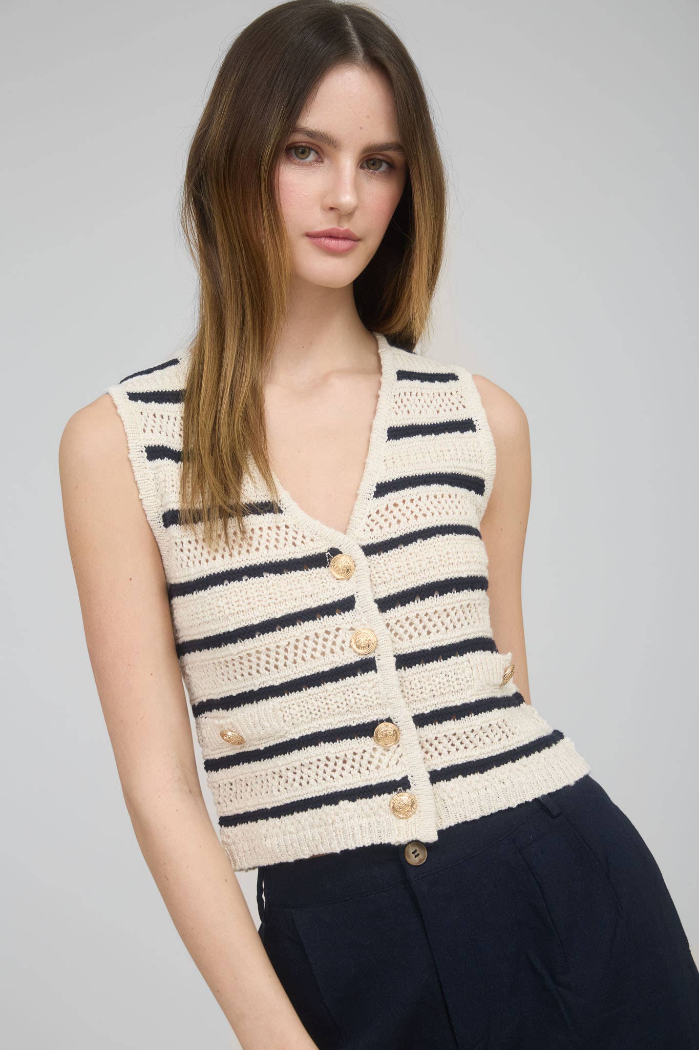 Striped Gold Button Crochet Vest