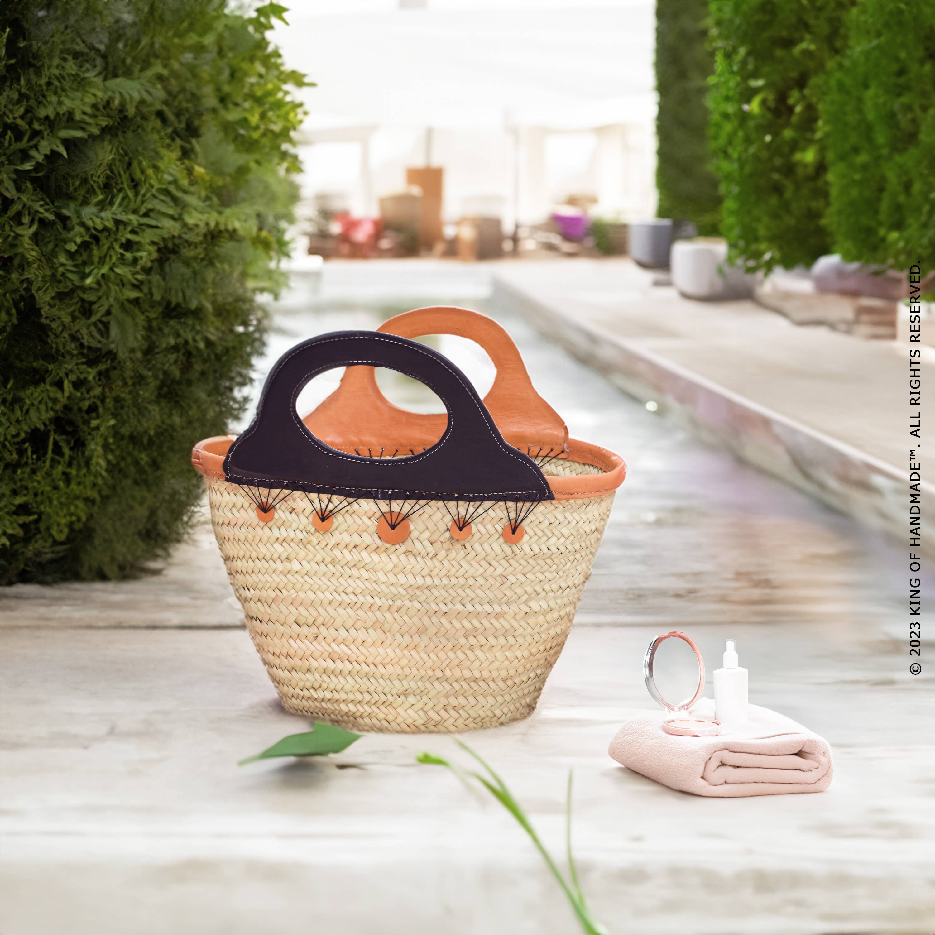 Leather Handle Straw Bag