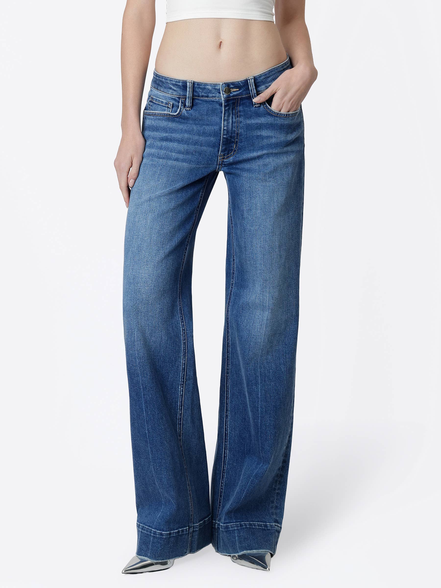 Low Rise Trouser Hem Dark Wash Wide Leg Jeans