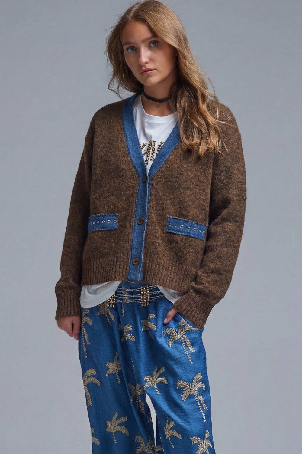 Distressed Denim Trim Cardigan