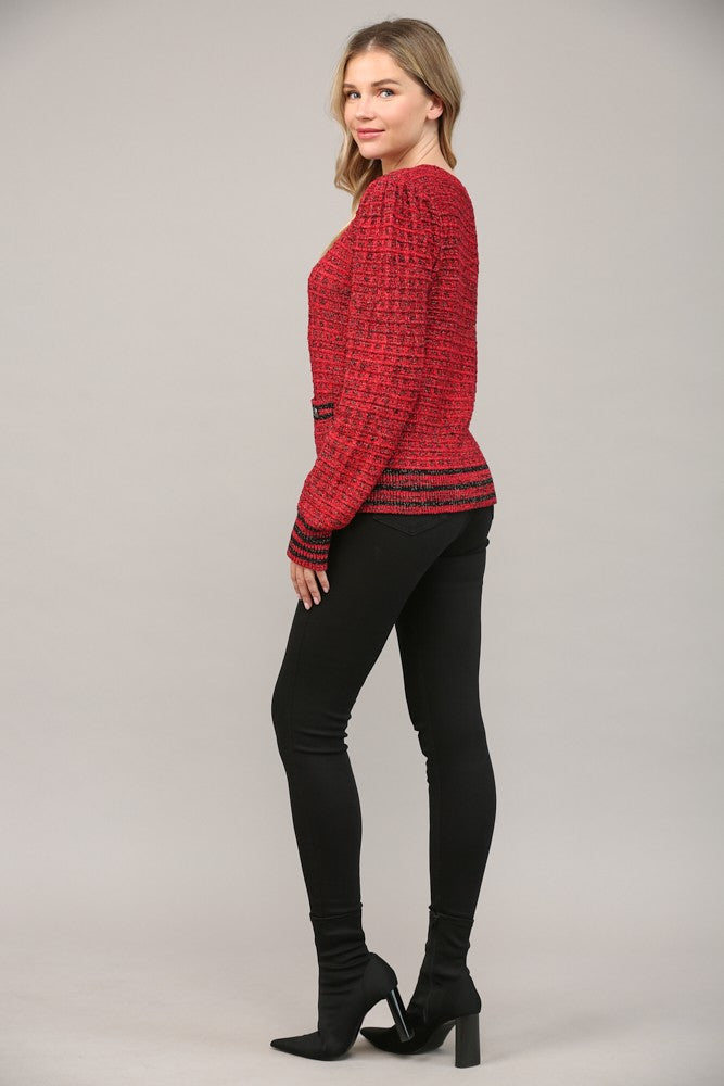 Metallic Waffle Knit V-Neck Cardigan