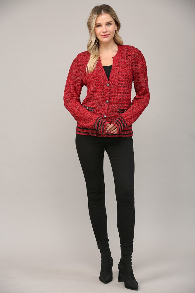 Metallic Waffle Knit V-Neck Cardigan