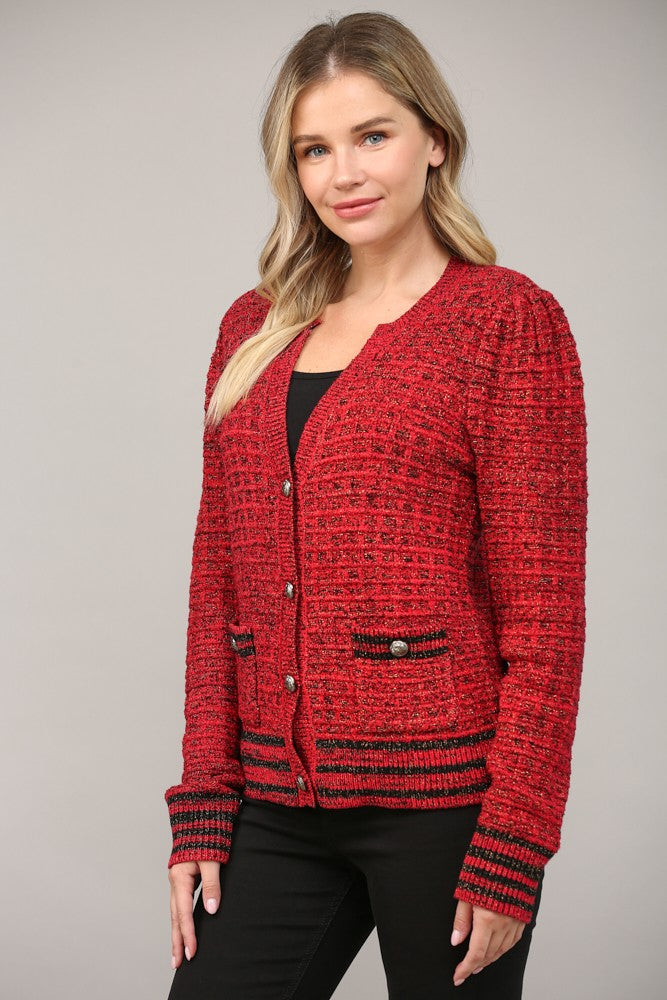 Metallic Waffle Knit V-Neck Cardigan