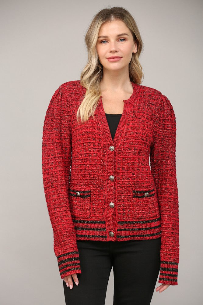 Metallic Waffle Knit V-Neck Cardigan