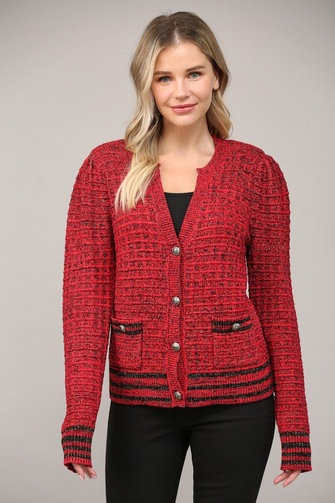 Metallic Waffle Knit V-Neck Cardigan