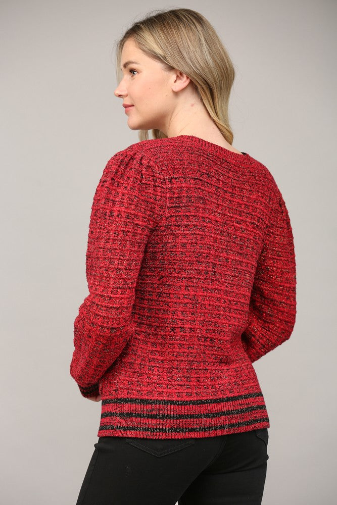 Metallic Waffle Knit V-Neck Cardigan