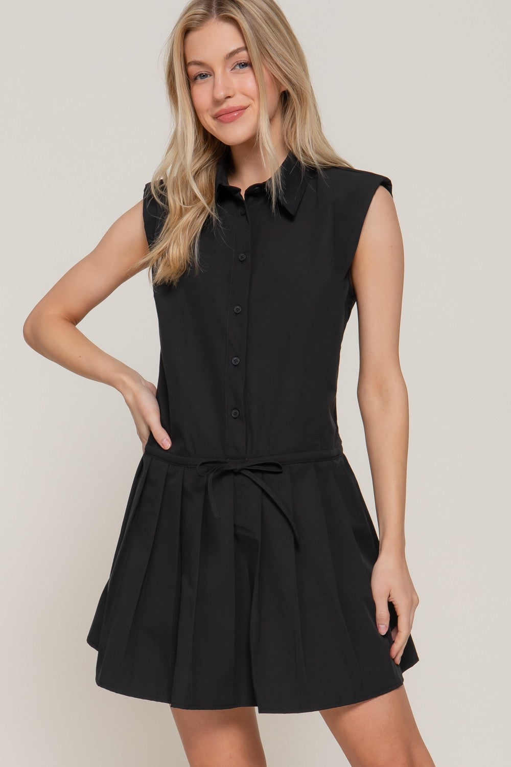 Sleeveless Button Down Pleated Dress