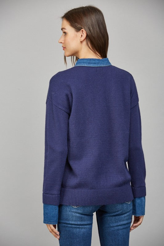 Denim Collar Solid Navy Sweater