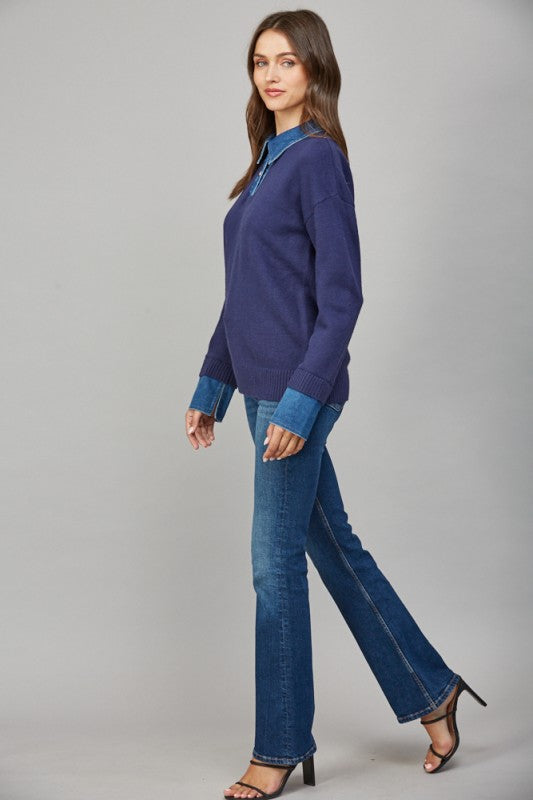 Denim Collar Solid Navy Sweater