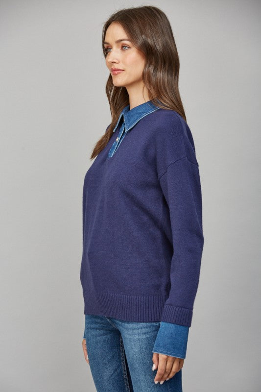Denim Collar Solid Navy Sweater