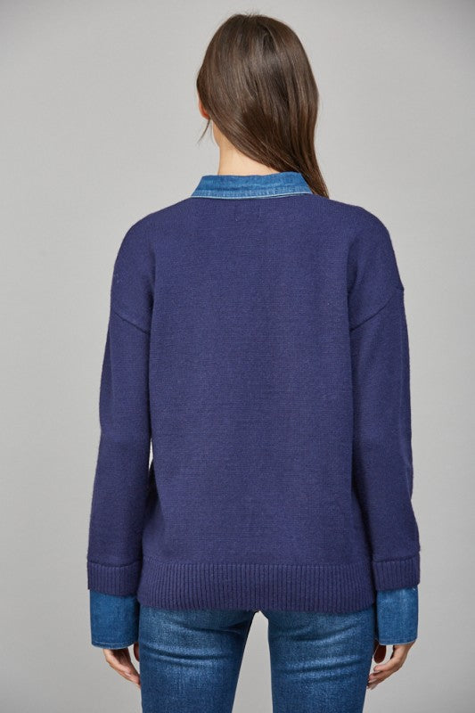 Denim Collar Solid Navy Sweater