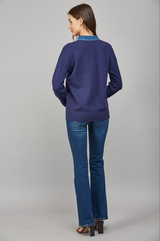 Denim Collar Solid Navy Sweater