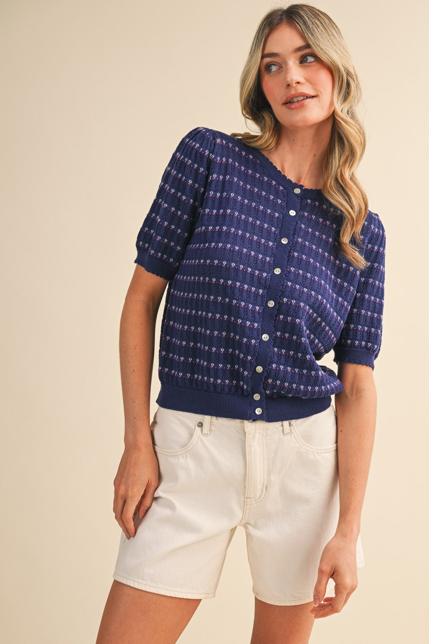 Pointelle Puff Sleeve Sweater Top