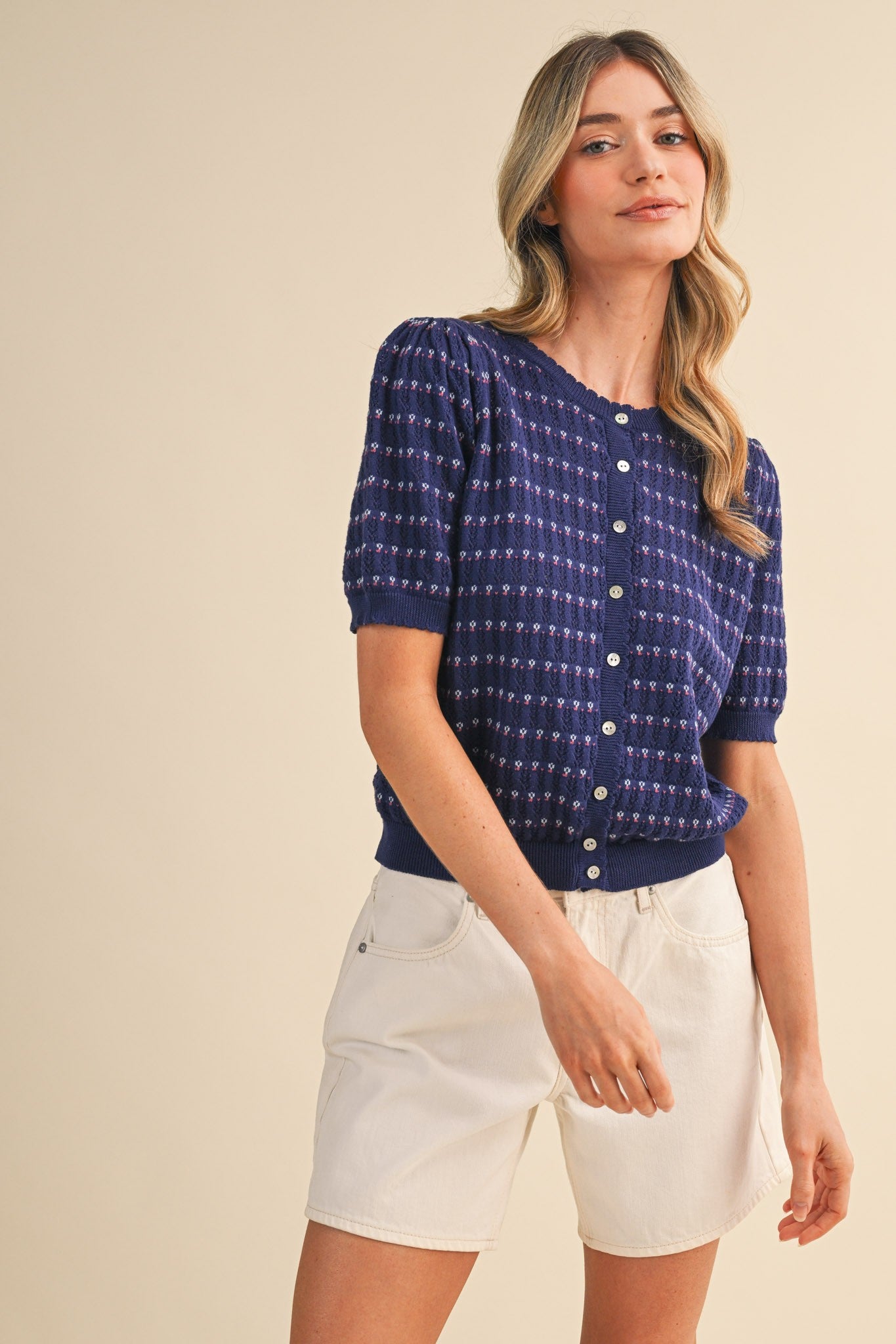Pointelle Puff Sleeve Sweater Top