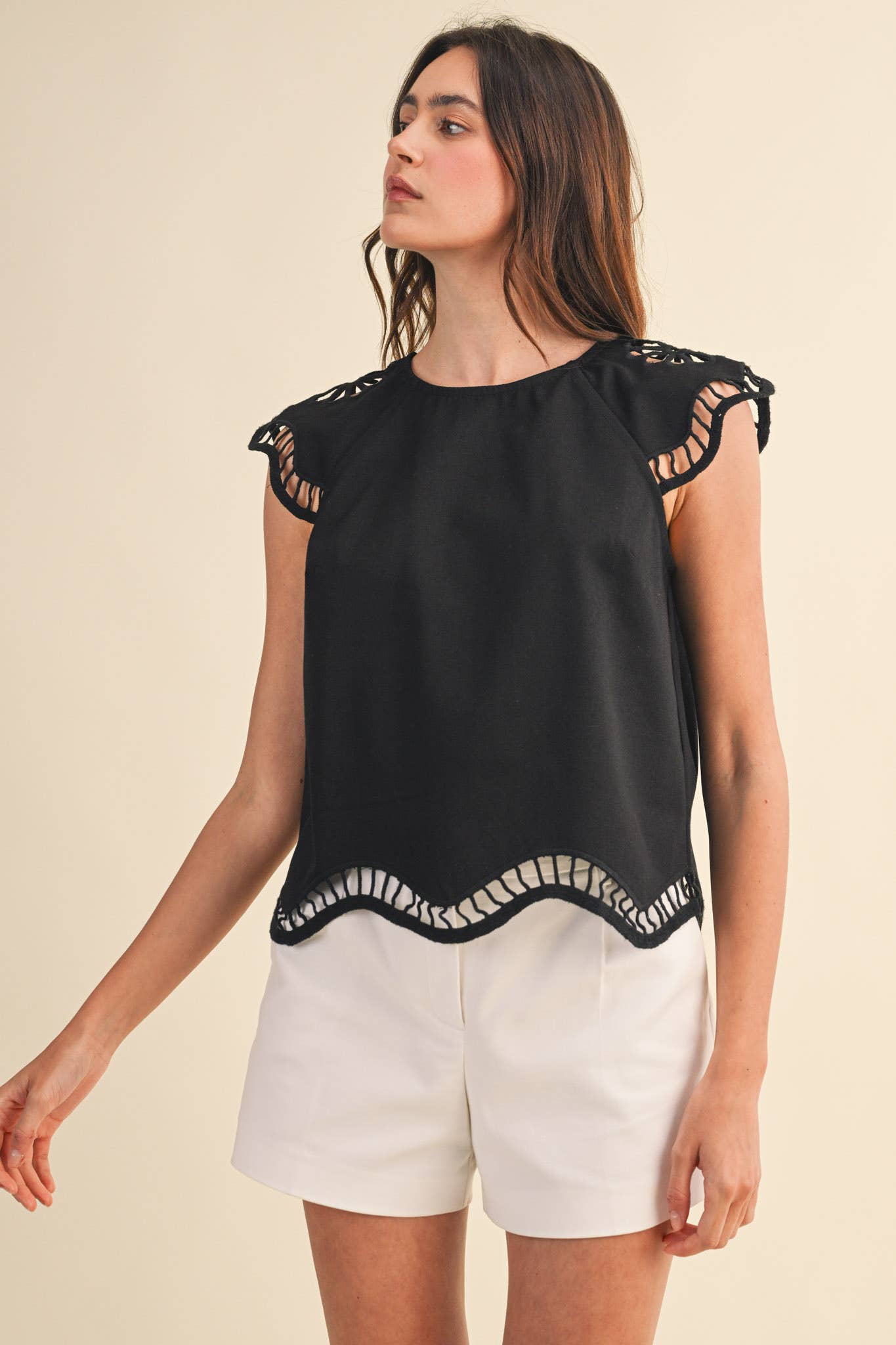 Embroidered Cut-Out Cap Sleeve Top