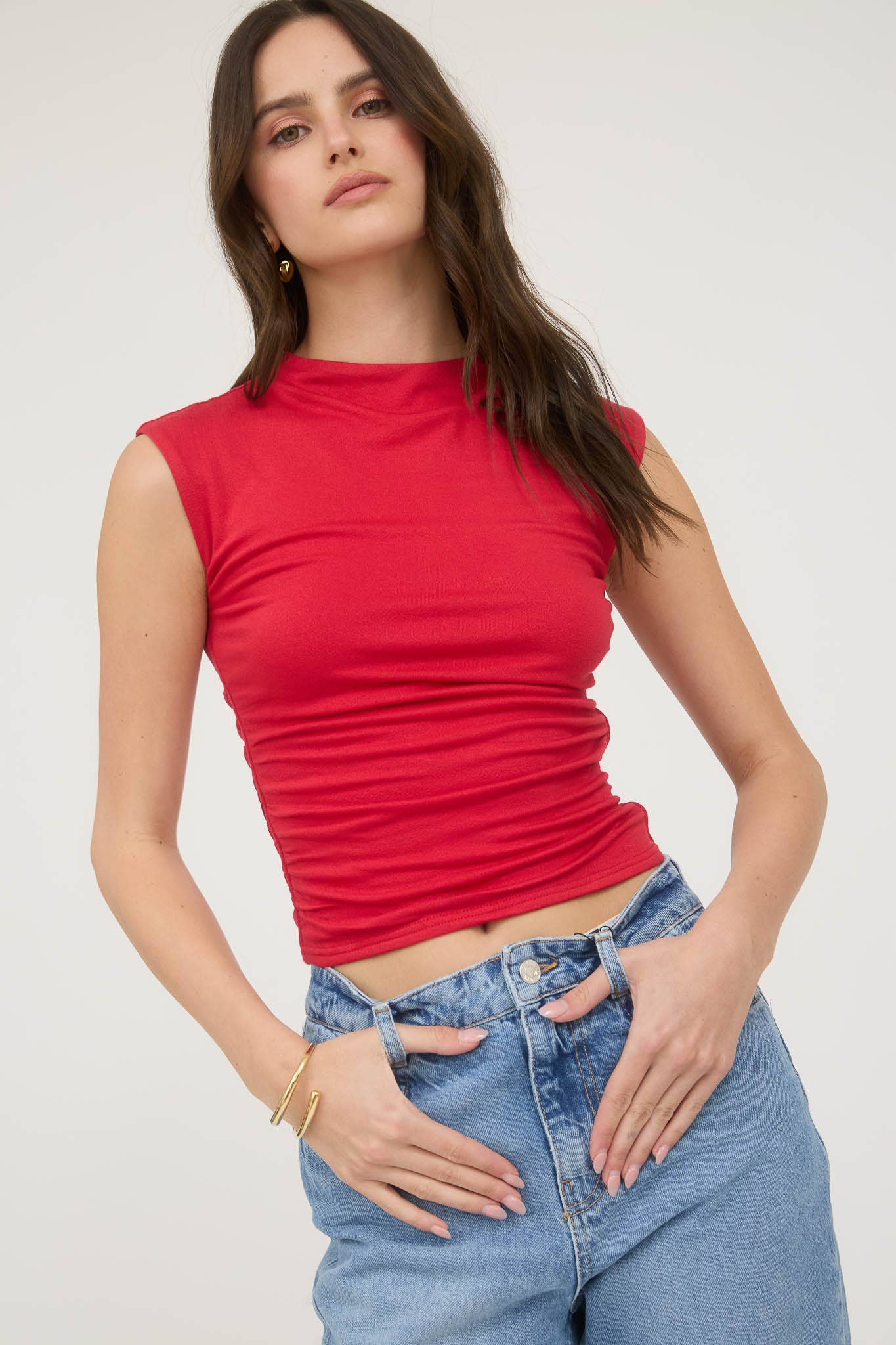 White Reversible Funnel Neck Scrunch Knit Top