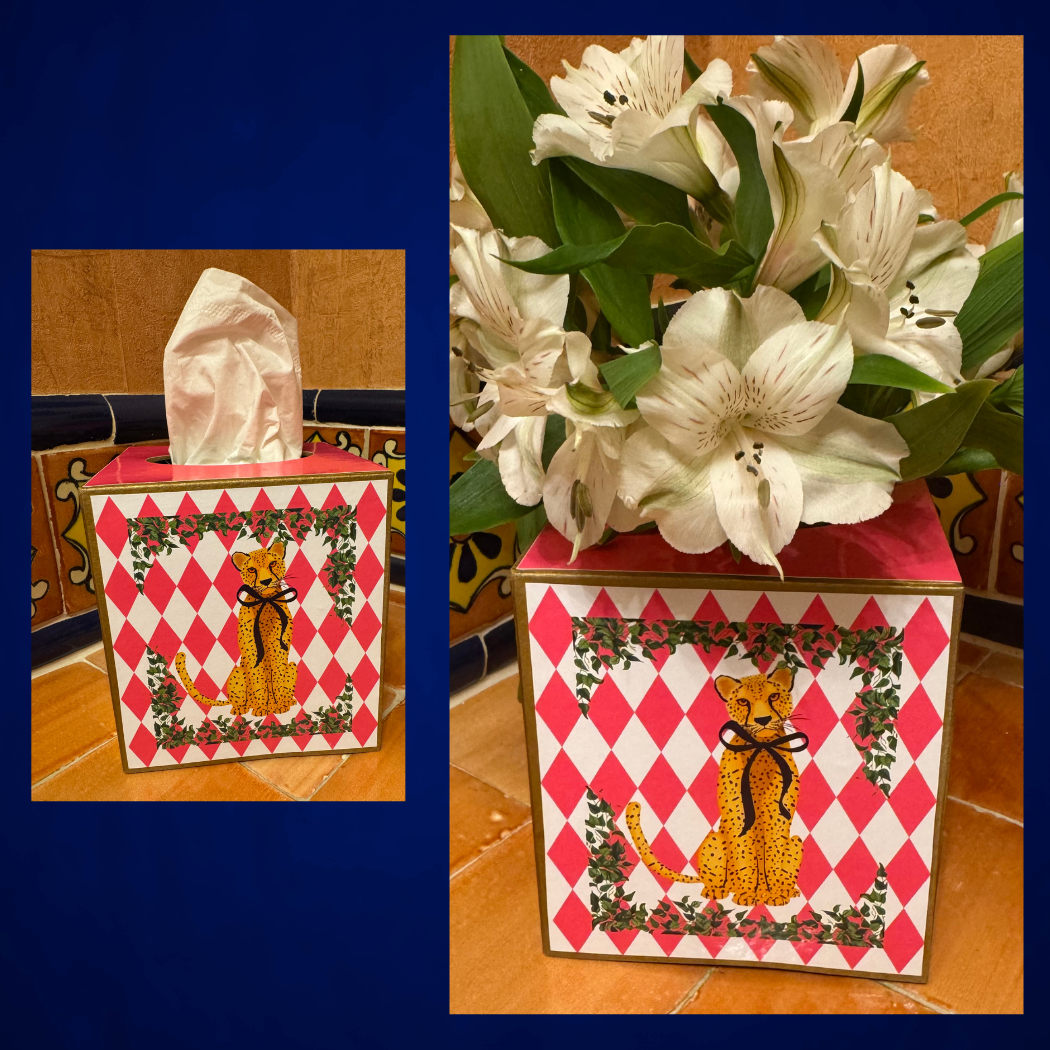 Tissue Box w/ Black Bow Leopard