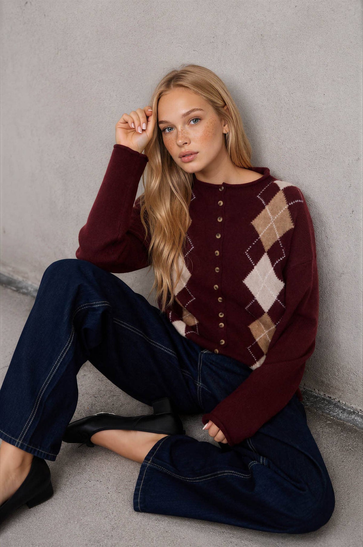 Argyle Mock Neck Button Down Cardigan