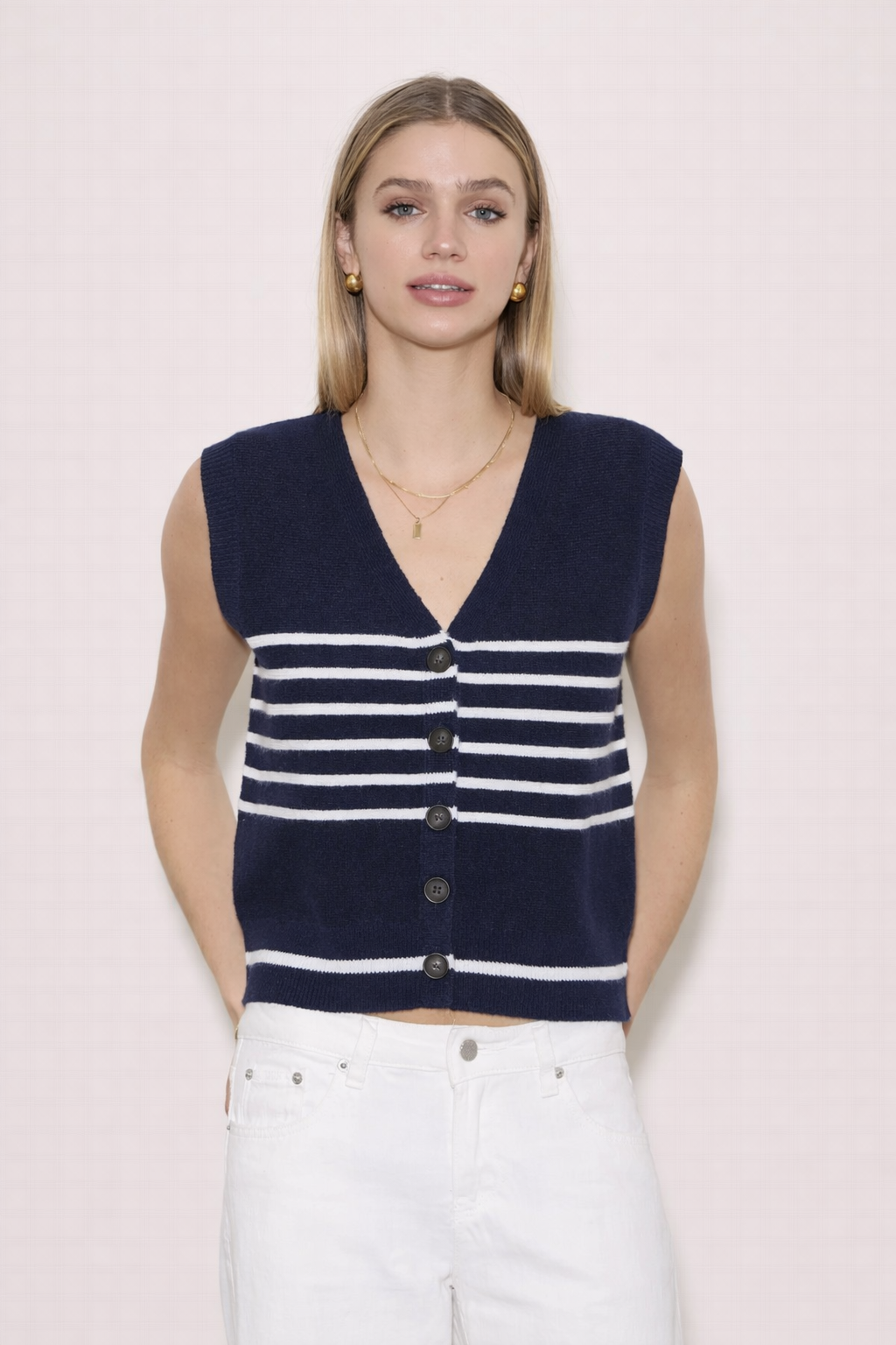 Contrast Stripe Button Knit Vest