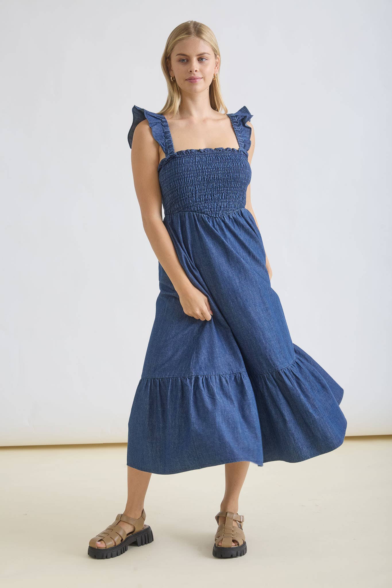 Denim Ruffle Strap Smocked Midi Dress