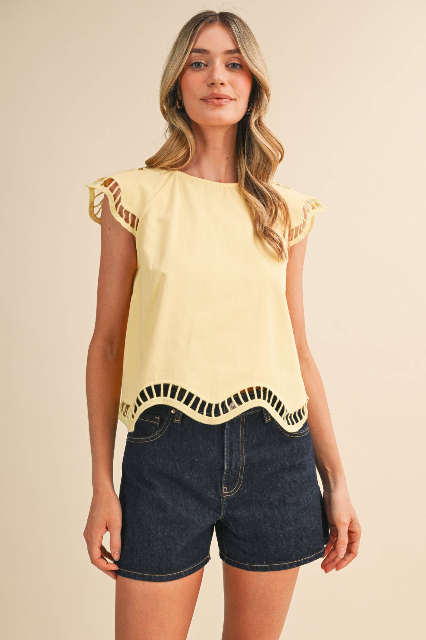 Embroidered Cut-Out Cap Sleeve Top