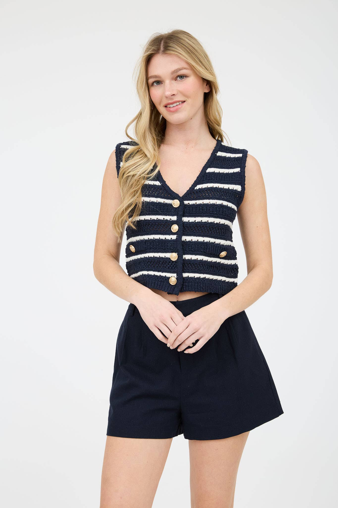 Striped Gold Button Crochet Vest