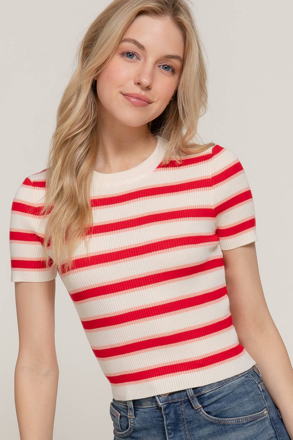 Short-Sleeve Ribbed Multi-Stripe Top