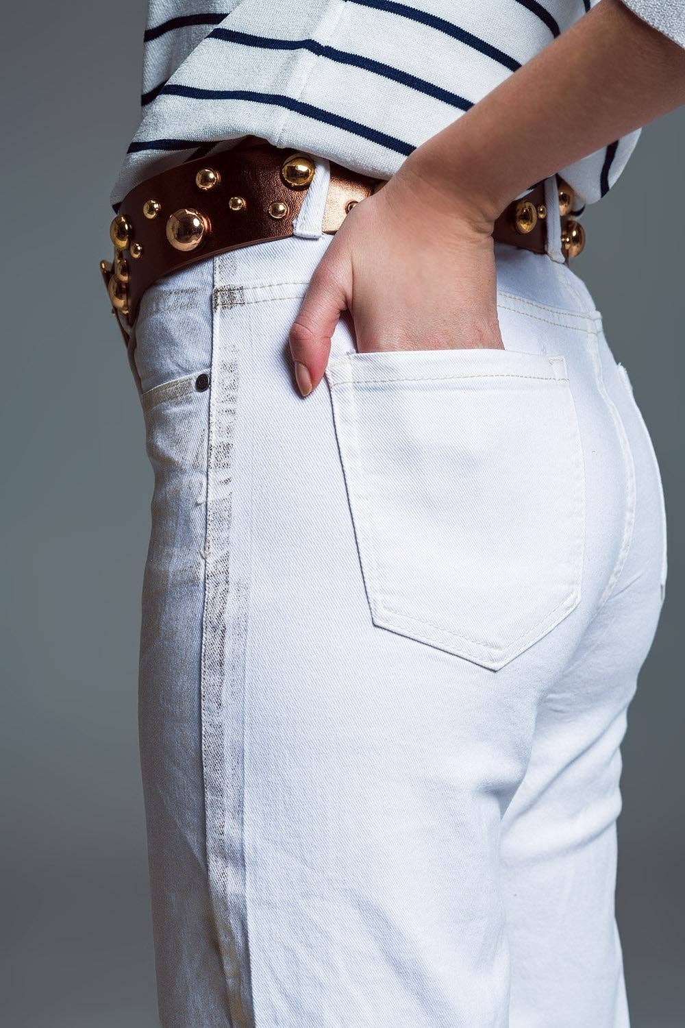 White Wide Leg Jeans w/ Metallic Finish