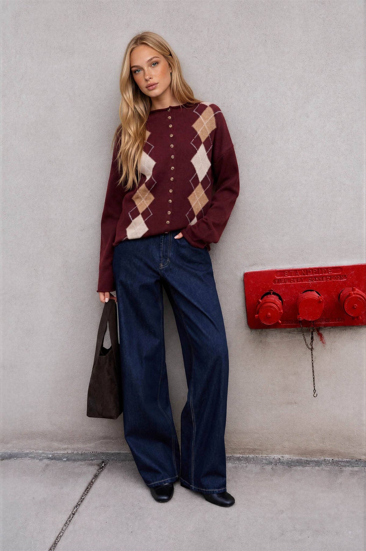 Argyle Mock Neck Button Down Cardigan