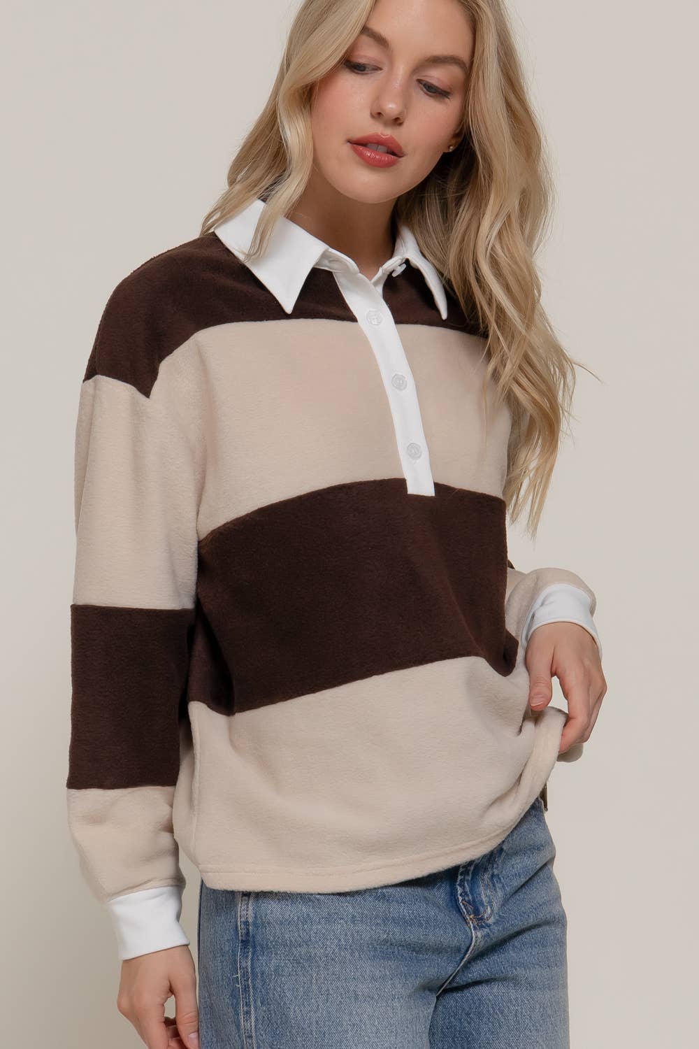Rugby Stripe Fleece Polo Top