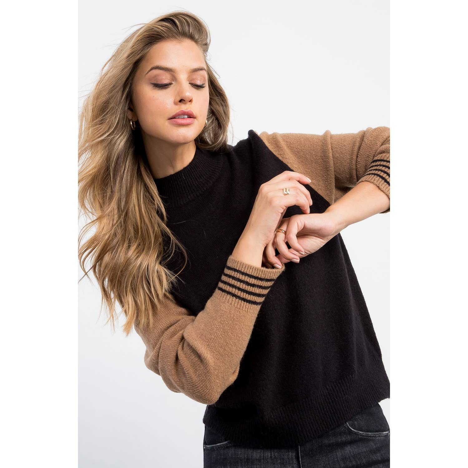 Color Block Mock Neck Sweater black front | MILK MONEY milkmoney.co | cute clothes for women. womens online clothing. trendy online clothing stores. womens casual clothing online. trendy clothes online. trendy women's clothing online. ladies online clothing stores. trendy women's clothing stores. cute female clothes.
