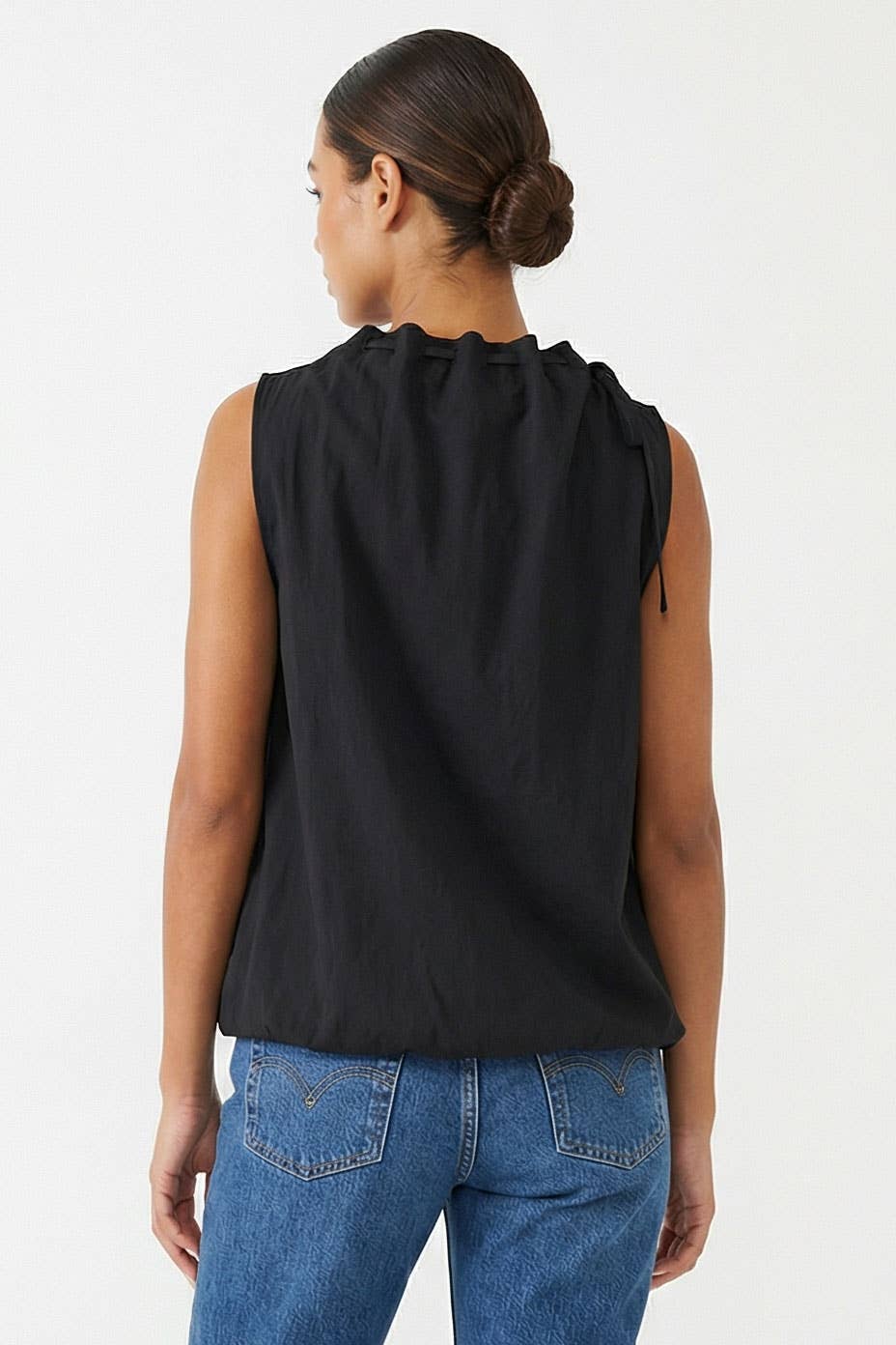 Cinched Mock Neck Sleeveless Top