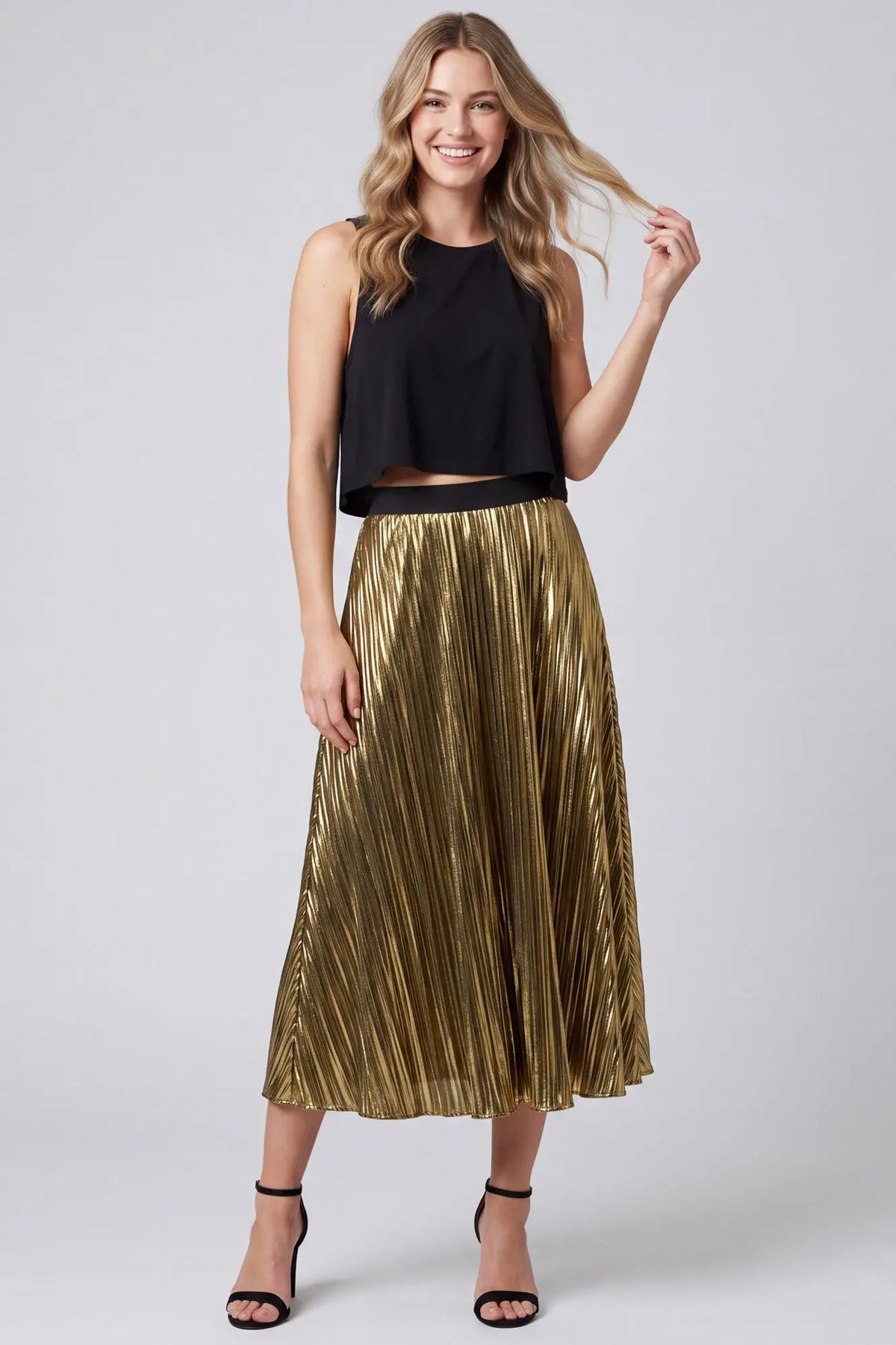 Pleated Metallic Midi Skirt