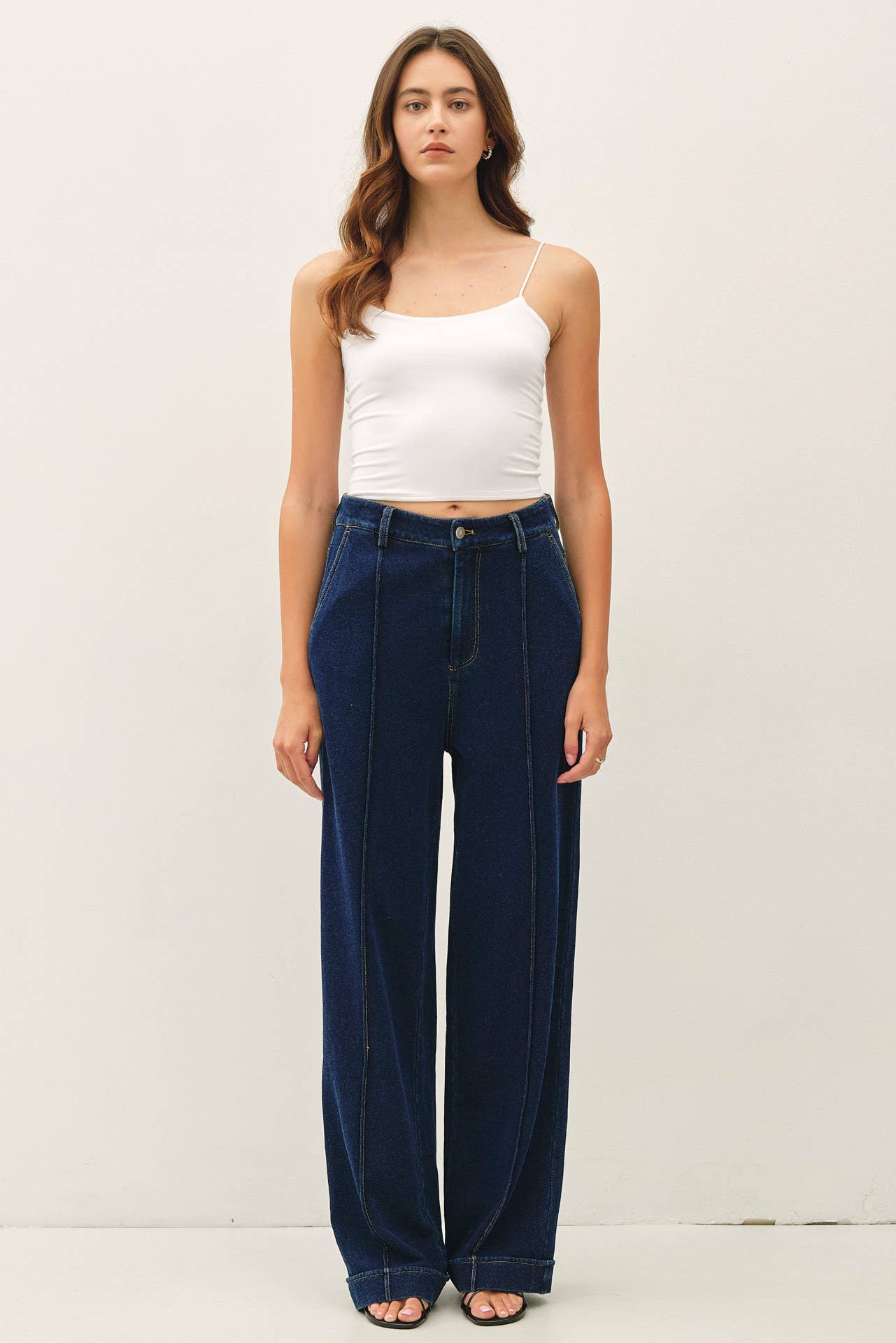 Knit Denim Wide Leg Pintuck Pants