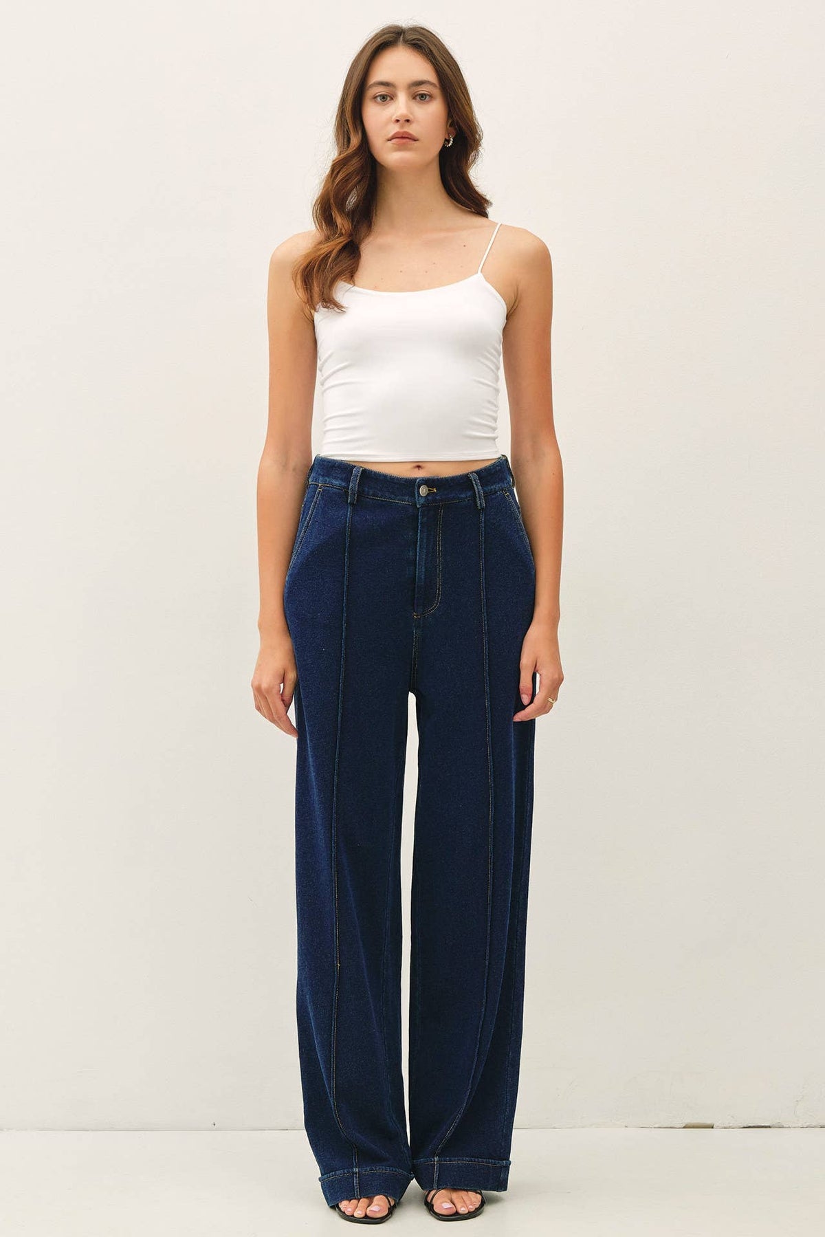 Knit Denim Wide Leg Pintuck Pants