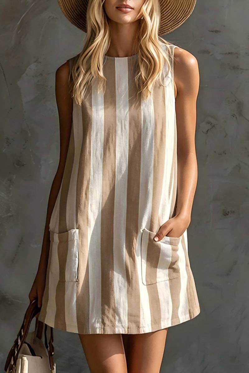 S/Beige and White Striped Dress