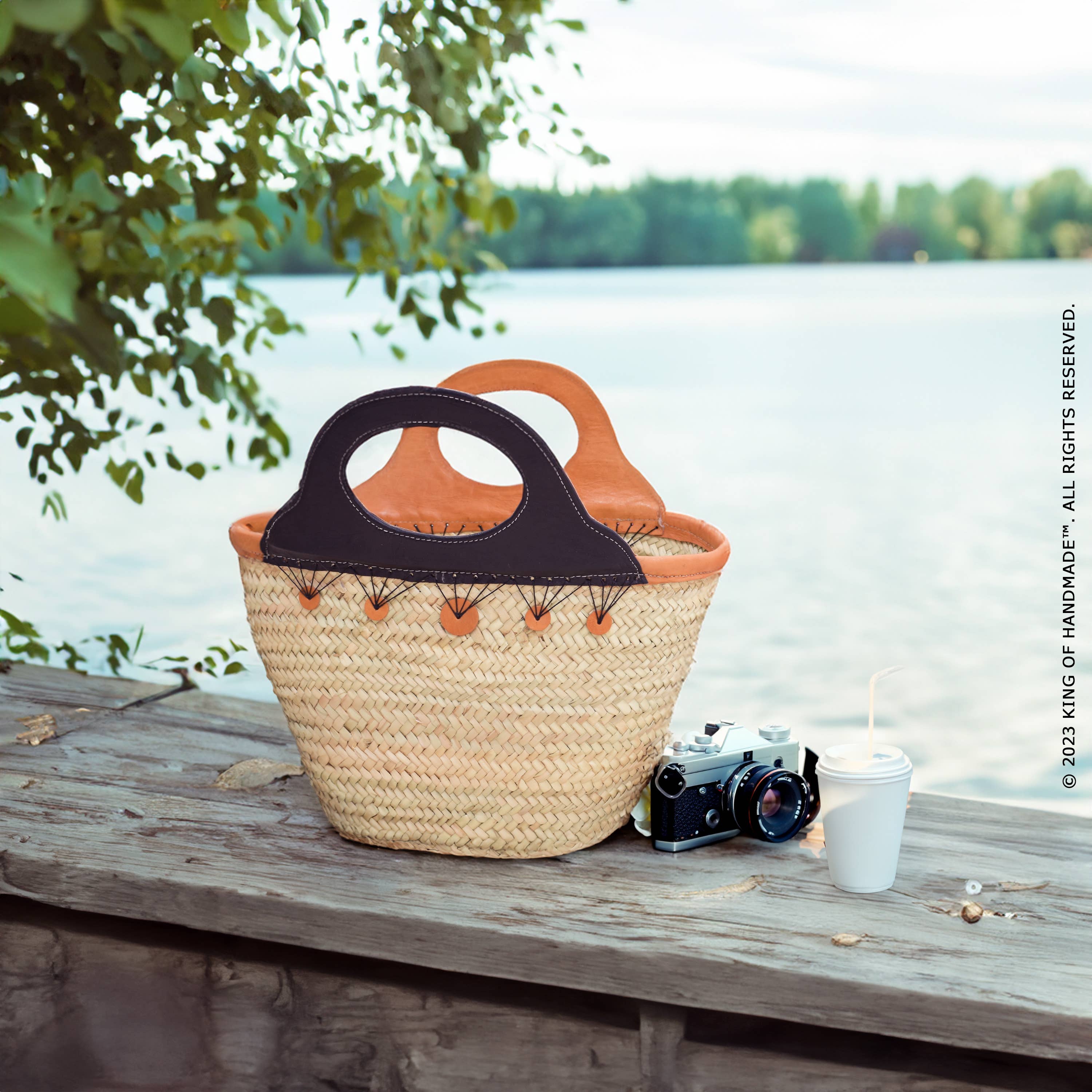 Leather Handle Straw Bag