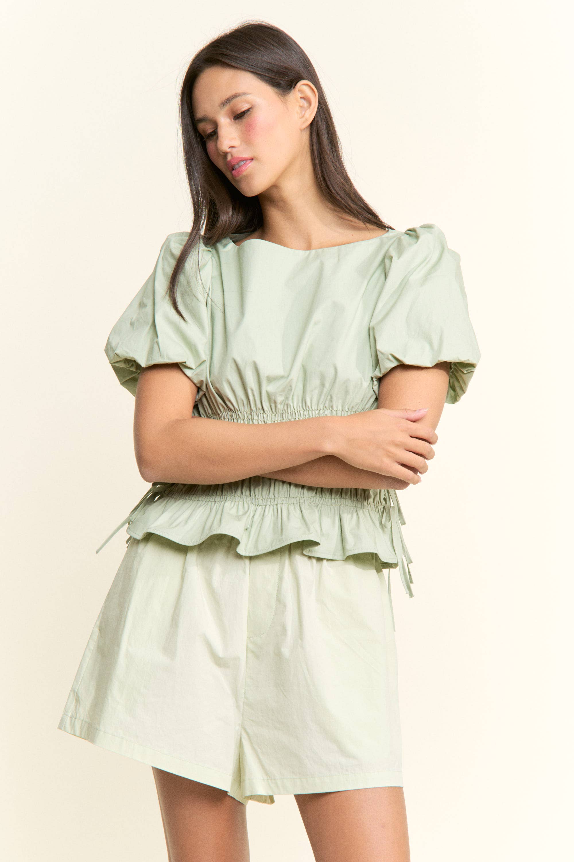 Boat Neckline Smocked Puff Sleeve Top