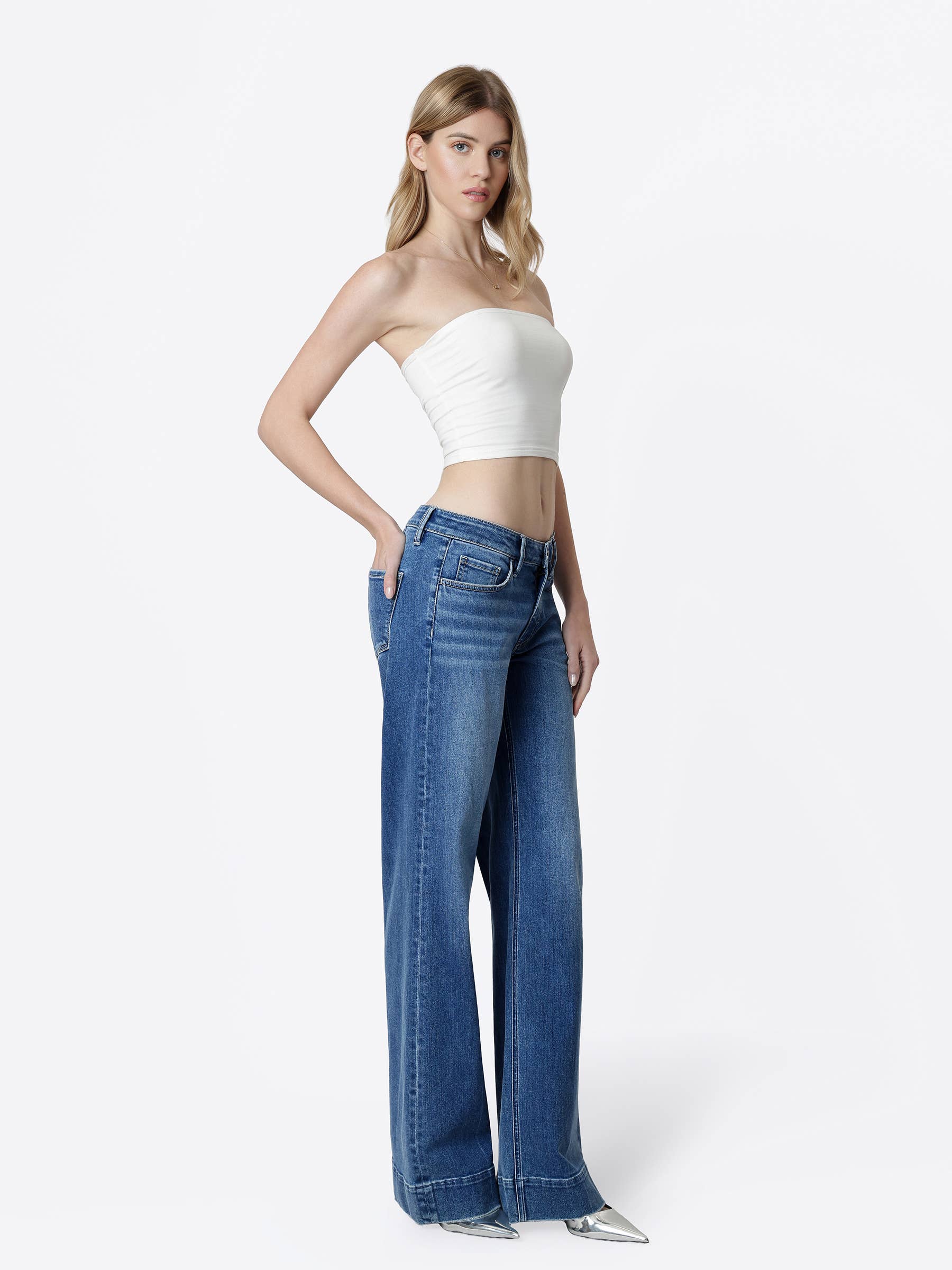Low Rise Trouser Hem Dark Wash Wide Leg Jeans