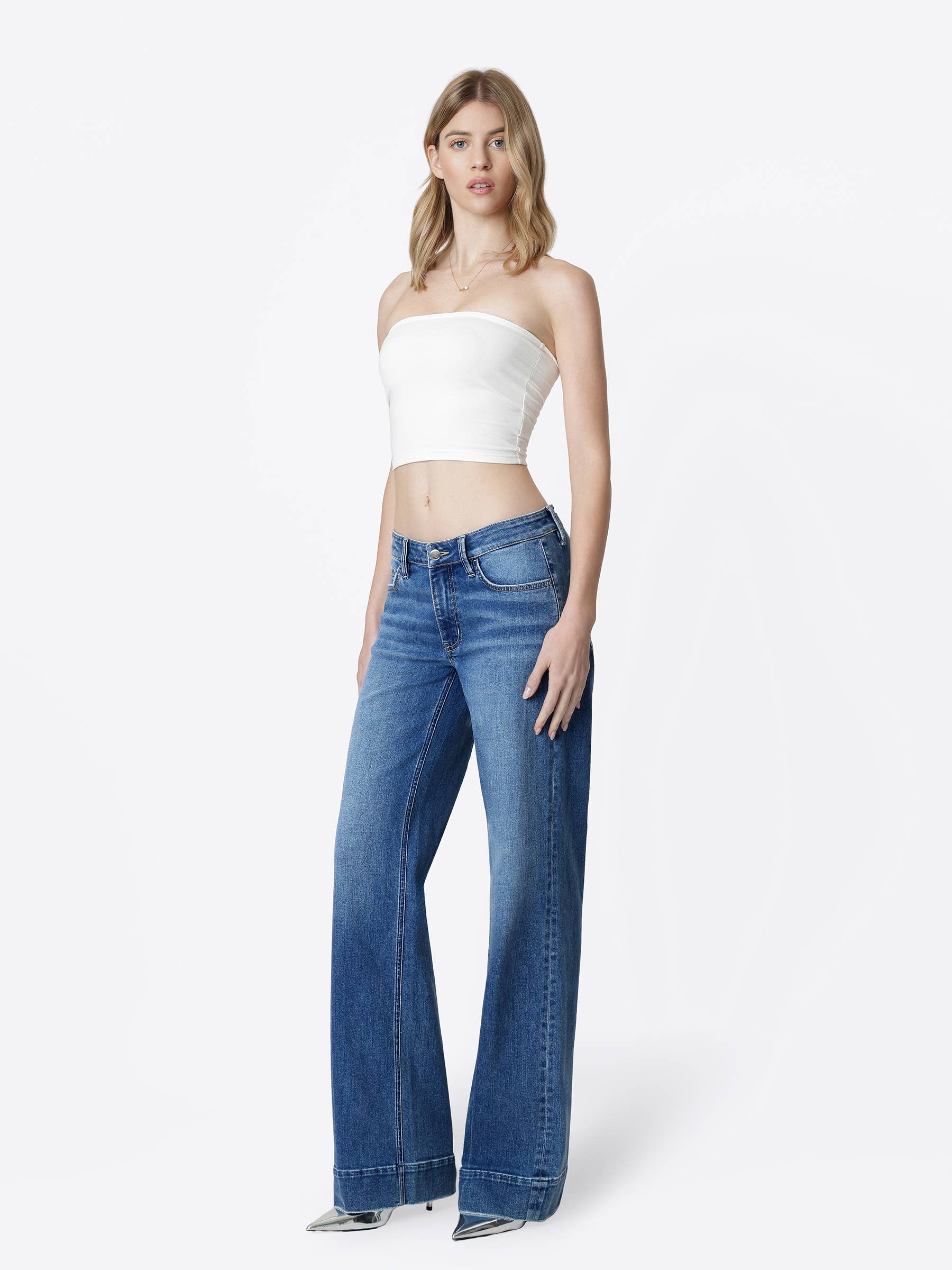 Low Rise Trouser Hem Dark Wash Wide Leg Jeans