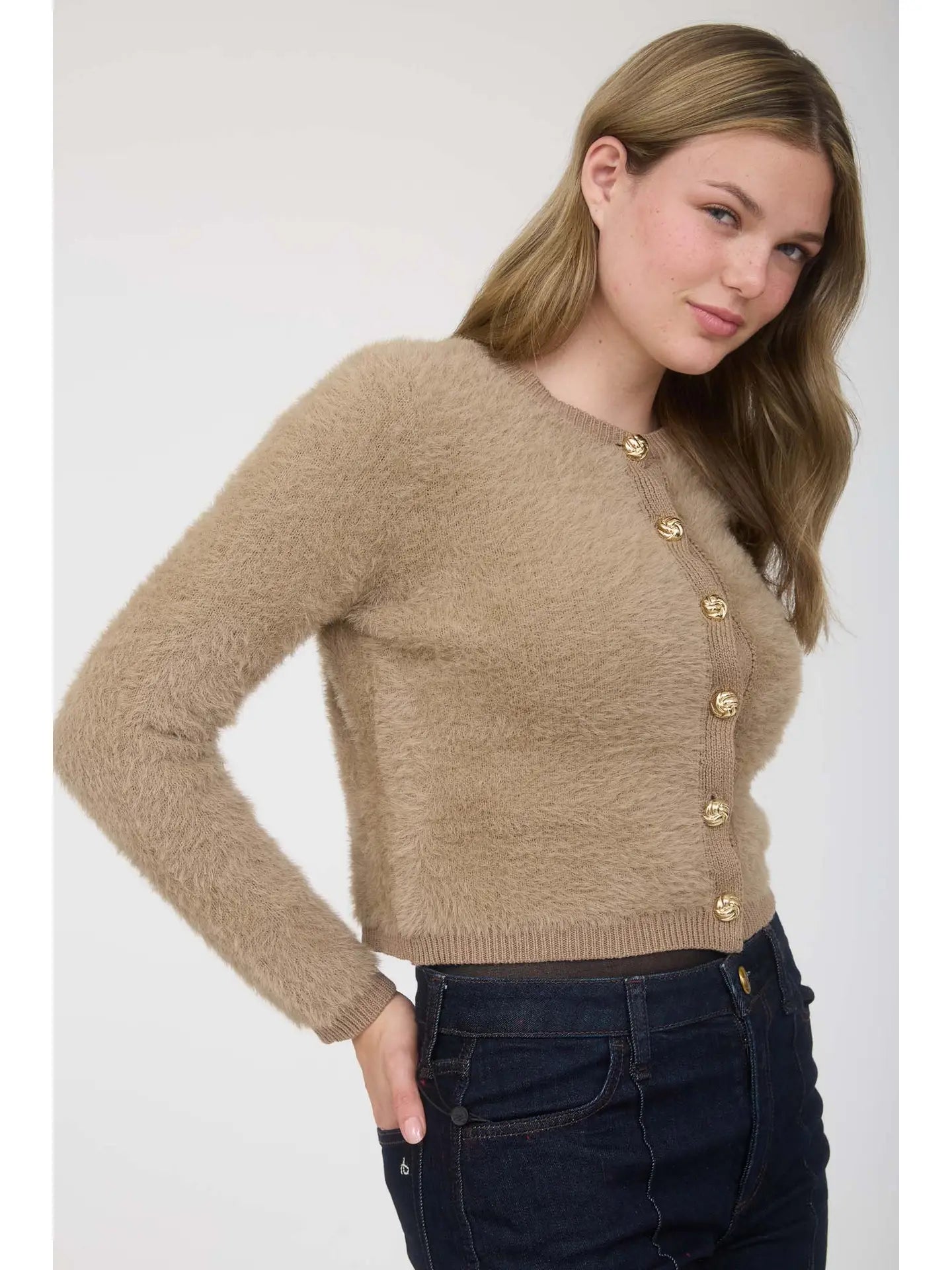 Gold Button Fuzzy Cardigan