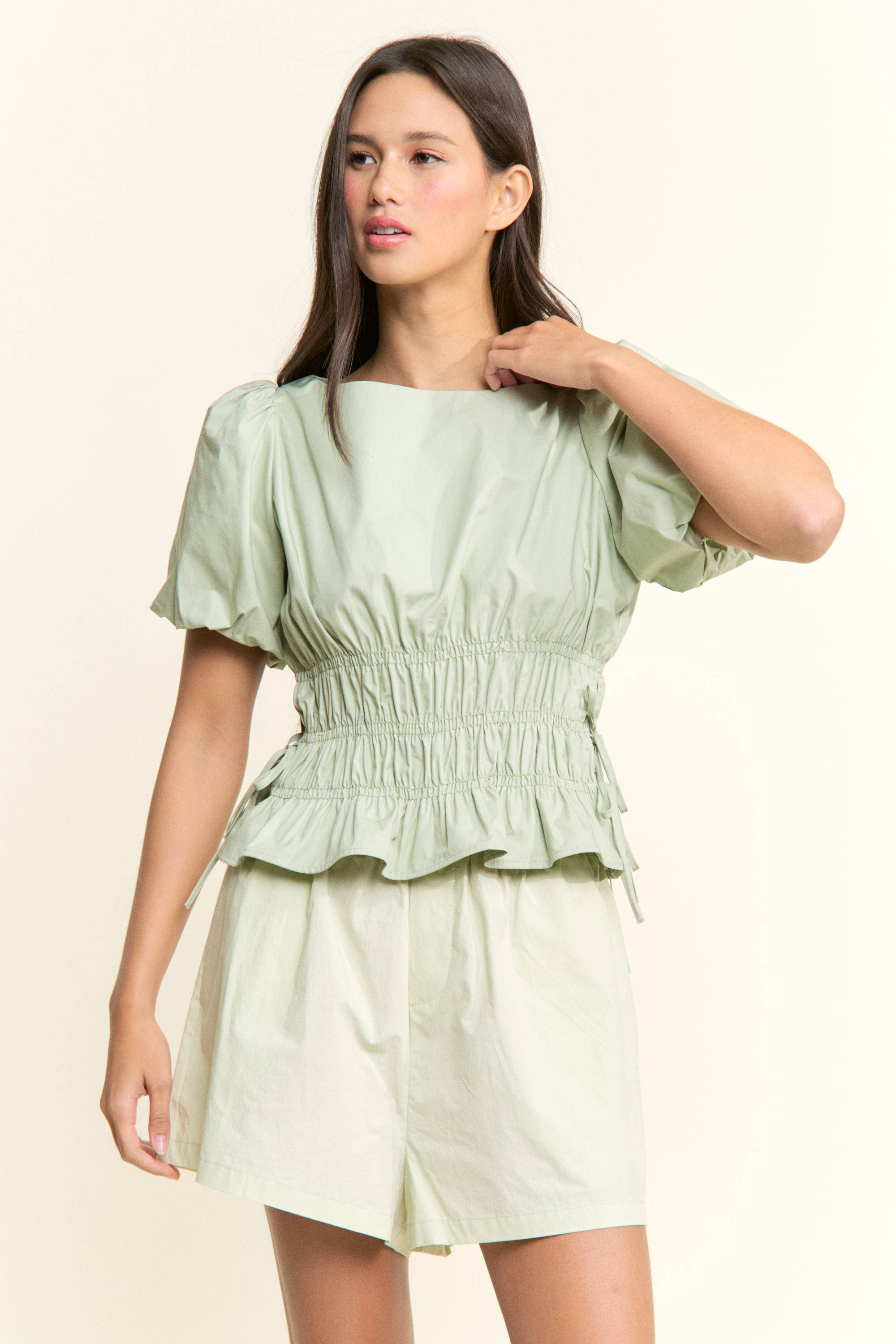 Boat Neckline Smocked Puff Sleeve Top