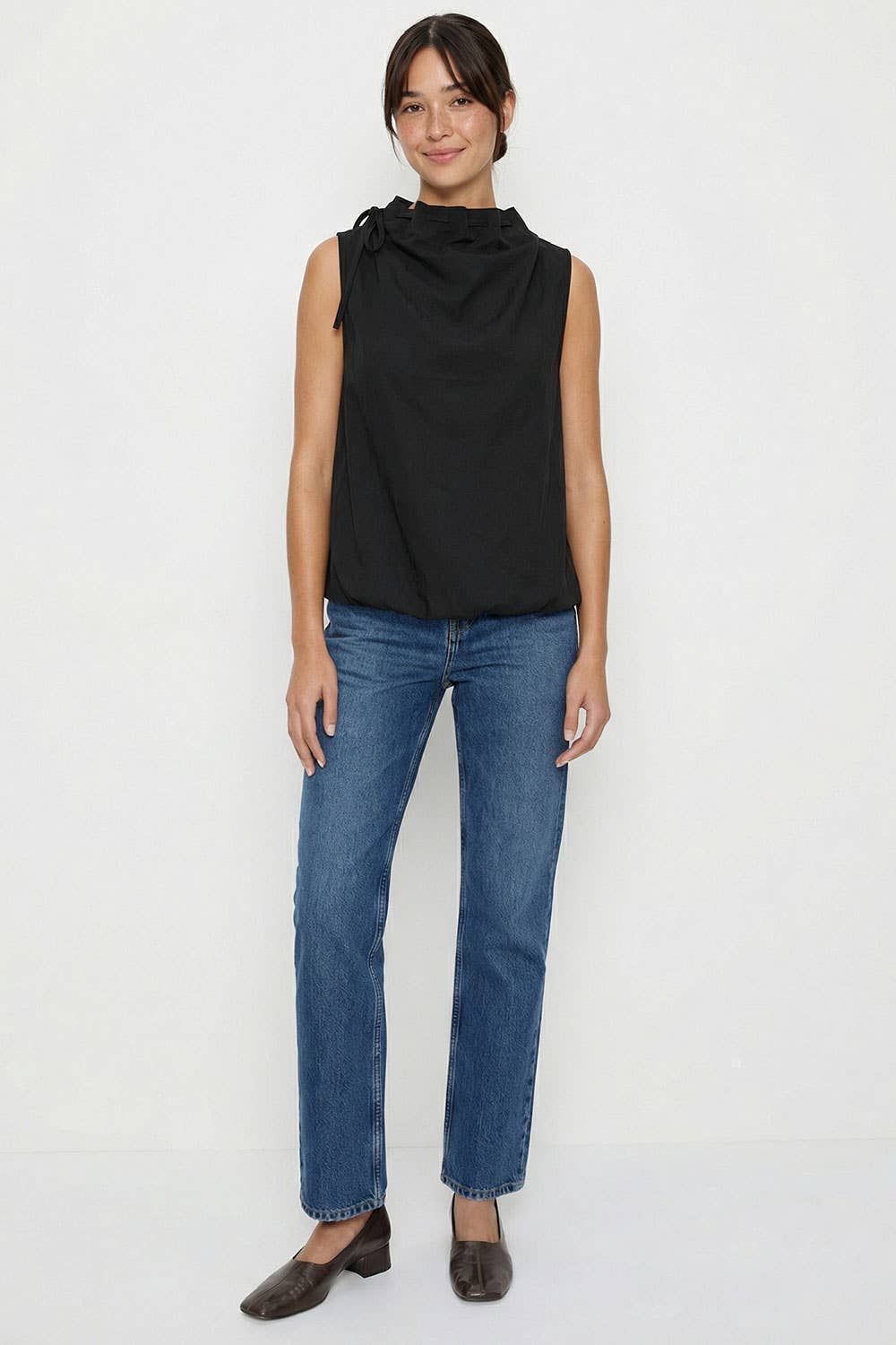 Cinched Mock Neck Sleeveless Top