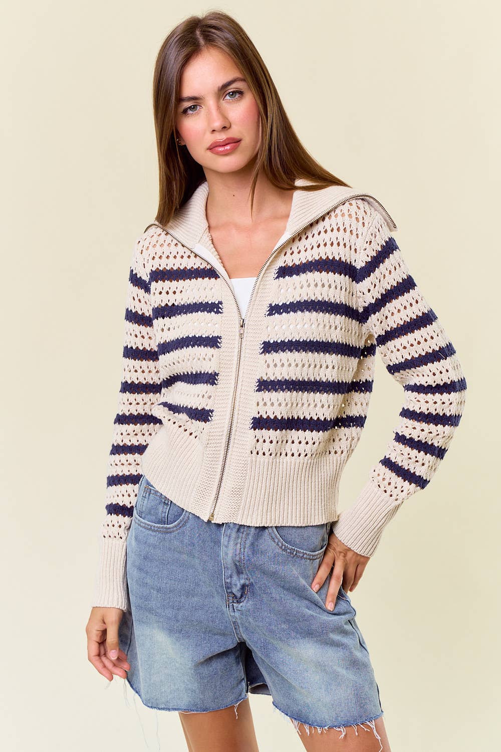 Zip-Up Striped Open Knit Sweater